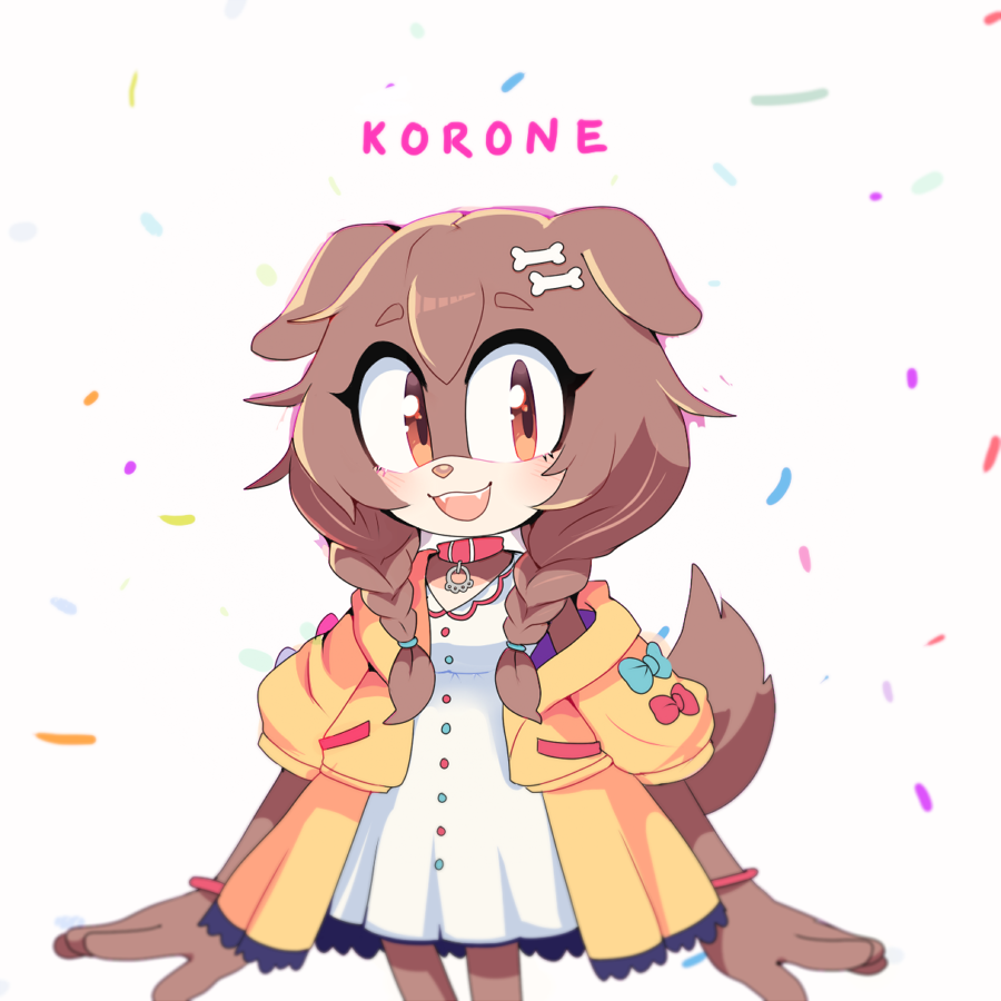 1girl :3 :d animal_collar animal_ears animal_nose beige_fur blush body_fur bone_hair_ornament braid brown_eyes brown_fur brown_hair cartoon_bone collar confetti cowboy_shot dog dog_ears dog_girl dog_tail eyelashes fangs furrification furry hair_ornament hololive inugami_korone jacket long_hair looking_to_the_side motobug open_mouth red_collar red_wristband short_sleeves simple_background smile solo sonic_(series) standing tail twin_braids two-tone_fur white_background wristband yellow_jacket