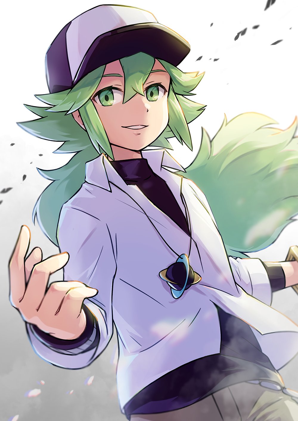 1boy bangle bangs baseball_cap bracelet collared_shirt commentary green_eyes green_hair hair_between_eyes hat highres jewelry looking_at_viewer male_focus n_(pokemon) necklace pants parted_lips peron_(niki2ki884) pokemon pokemon_(game) pokemon_bw shirt smile solo undershirt