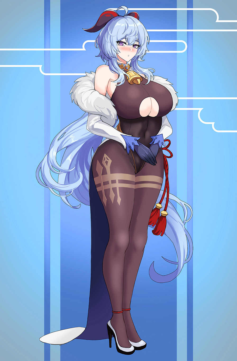 1girl absurdly_long_hair adapted_costume ahoge alternate_breast_size alternate_hair_length alternate_hairstyle ass bare_shoulders black_legwear blush breasts clothing_cutout curvy ganyu_(genshin_impact) genshin_impact goat_horns hella_p high_heels highres horns huge_ass huge_breasts legs light_blue_hair long_hair solo thighs underboob_cutout very_long_hair violet_eyes wide_hips