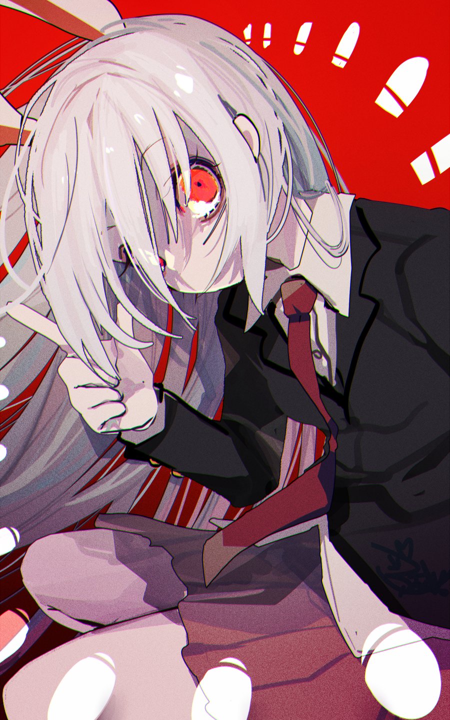 1girl animal_ears black_suit eyebrows_visible_through_hair finger_gun fua_yuu highres long_hair looking_at_viewer necktie no_mouth rabbit_ears red_eyes reisen_udongein_inaba touhou