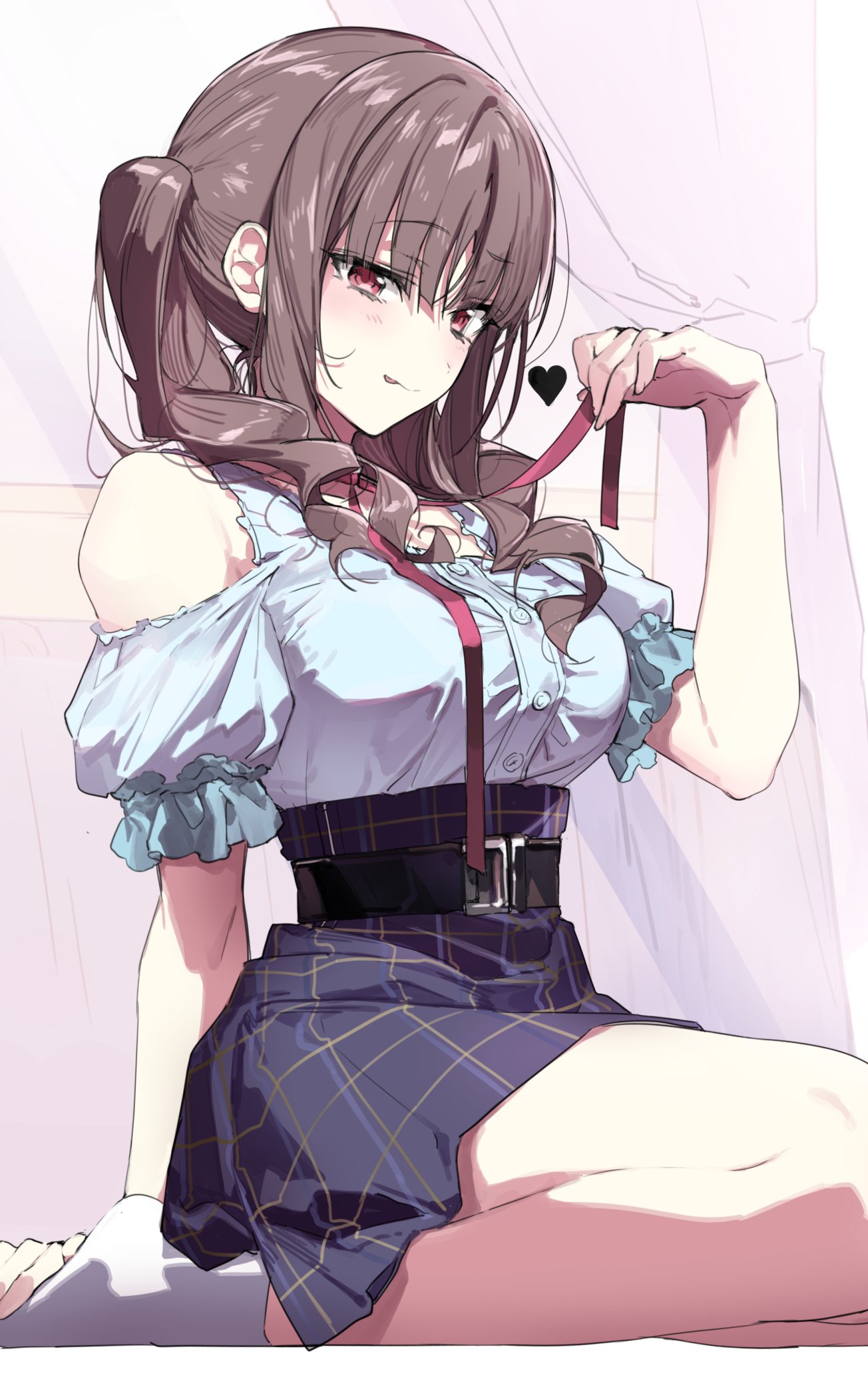 :p bangs bare_shoulders belt blue_skirt blush breasts brown_hair buttons closed_mouth eyebrows_visible_through_hair hand_on_own_foot heart highres holding holding_ribbon kneeling large_breasts long_hair looking_at_viewer miniskirt original pink_ribbon pleated_skirt red_eyes ribbon short_sleeves skirt socks tongue tongue_out twintails wattaro white_legwear