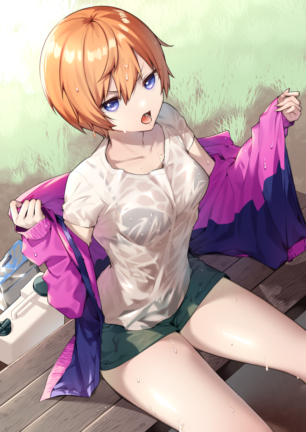 1girl bare_legs bench black_bra blue_eyes bra breasts collarbone commentary day grass green_shorts hair_between_eyes highres itohana jacket looking_at_viewer medium_breasts off_shoulder open_clothes open_jacket open_mouth orange_hair original outdoors purple_jacket see-through shirt short_hair short_shorts shorts solo t-shirt teeth textless thighs underwear unzipped wet wet_clothes wet_shirt white_shirt