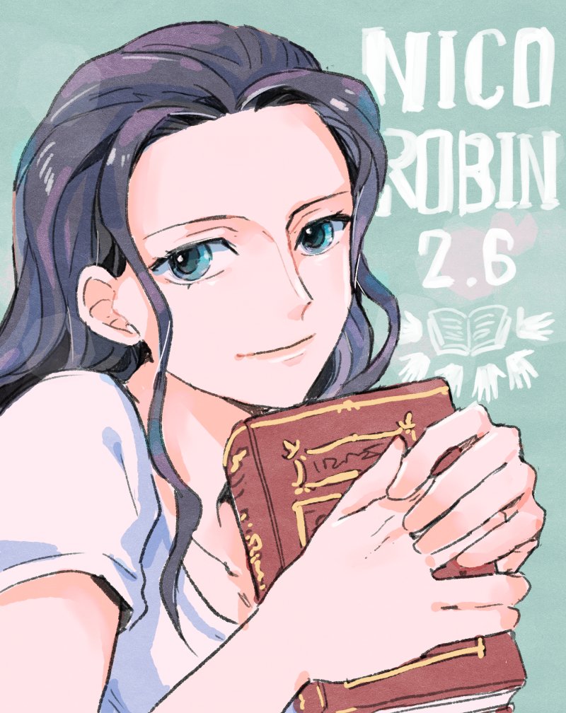 1girl aqua_eyes black_hair book character_name closed_mouth dated head_rest holding holding_book light_smile lips long_hair looking_at_viewer mog_(moglist) nico_robin one_piece own_hands_together shirt short_sleeves solo upper_body