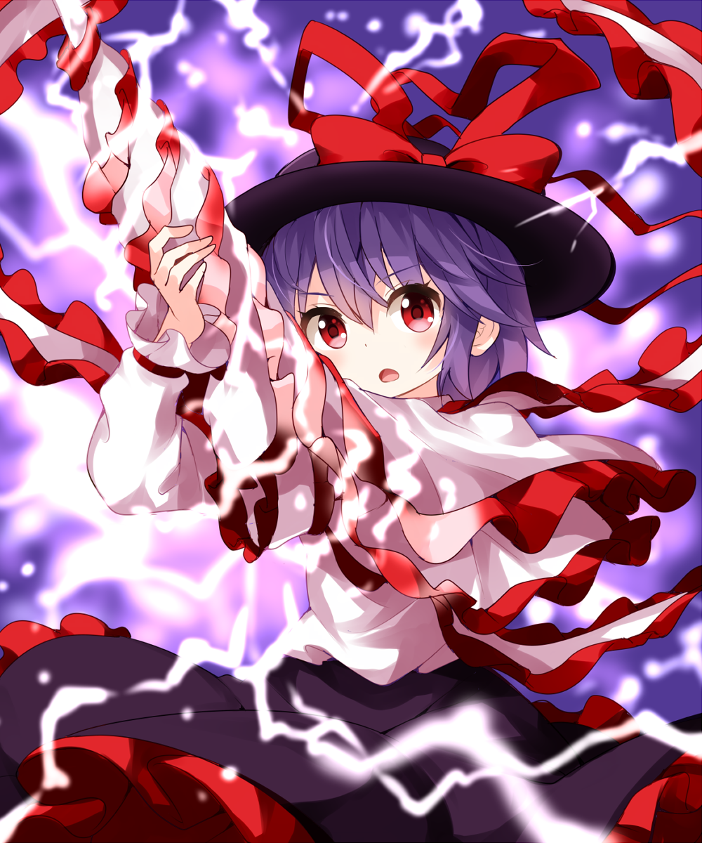 1girl bangs black_headwear black_skirt bow capelet cowboy_shot drill eyebrows_visible_through_hair frilled_skirt frills hair_between_eyes hair_bow highres holding lightning lightning_bolt long_sleeves looking_at_viewer nagae_iku open_mouth purple_background purple_hair red_bow red_eyes ruu_(tksymkw) shirt short_hair skirt solo standing touhou v-shaped_eyebrows white_capelet white_shirt