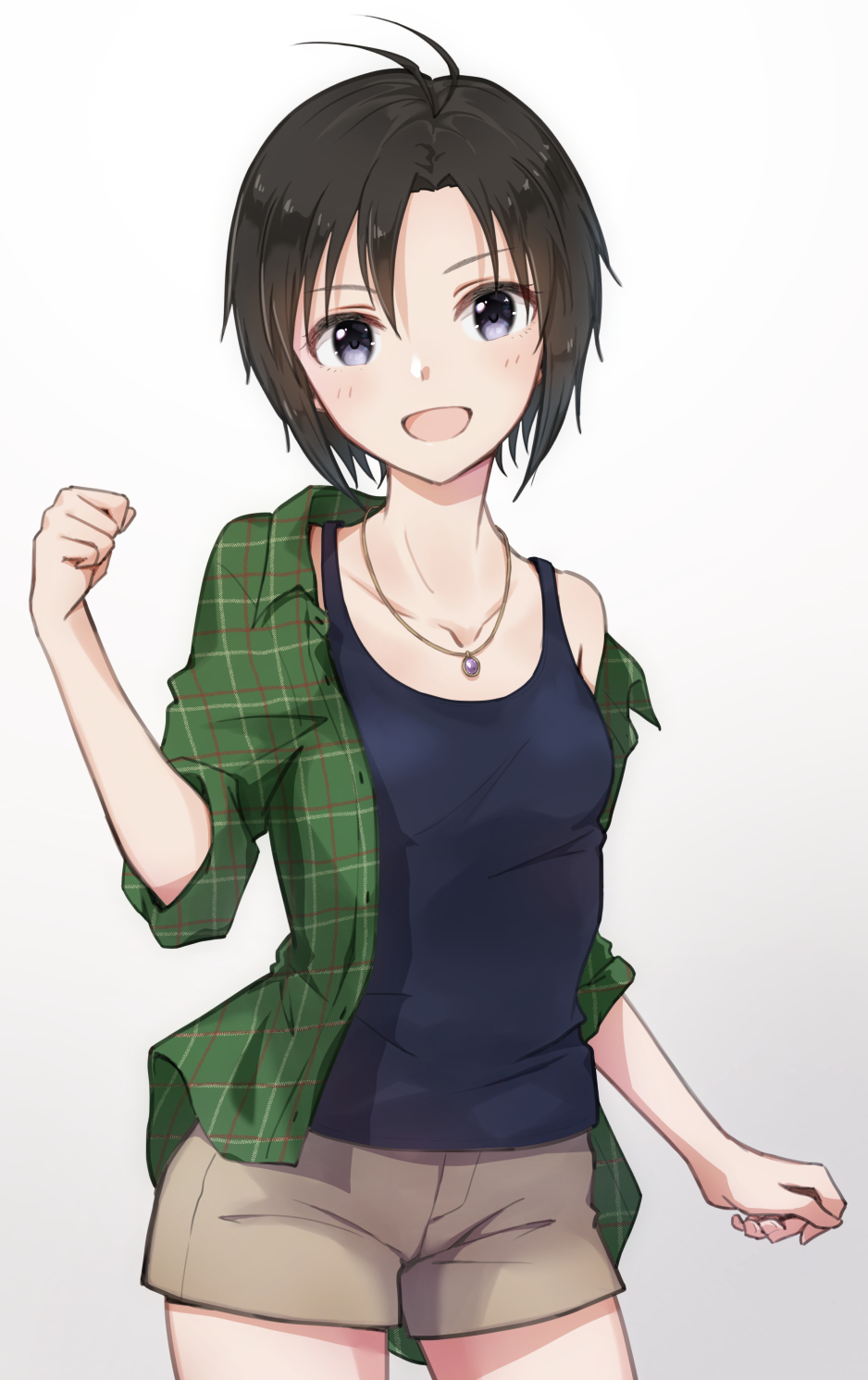 1girl :d antenna_hair bangs beige_shorts black_eyes breasts clenched_hand collarbone gradient gradient_background green_shirt hair_between_eyes highres idolmaster idolmaster_(classic) idolmaster_2 jewelry kikuchi_makoto light_blush looking_at_viewer mogskg necklace open_clothes open_mouth open_shirt pendant shirt short_hair shorts sleeves_rolled_up small_breasts smile solo tank_top