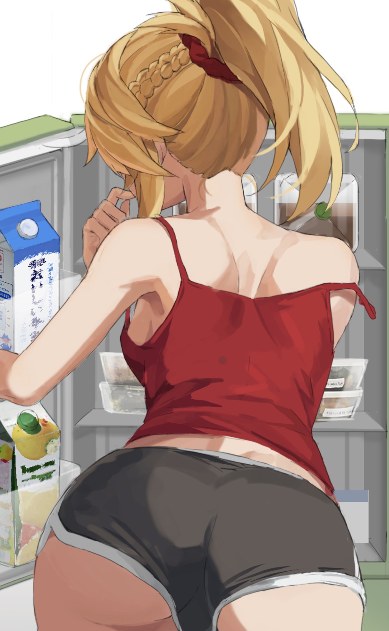 1girl ass back bare_shoulders blonde_hair braid breasts camisole carton fate/apocrypha fate_(series) french_braid grey_shorts hair_ornament hair_scrunchie highres long_hair mordred_(fate) mordred_(fate)_(all) ponytail red_camisole refrigerator scrunchie short_shorts shorts sidelocks small_breasts tonee