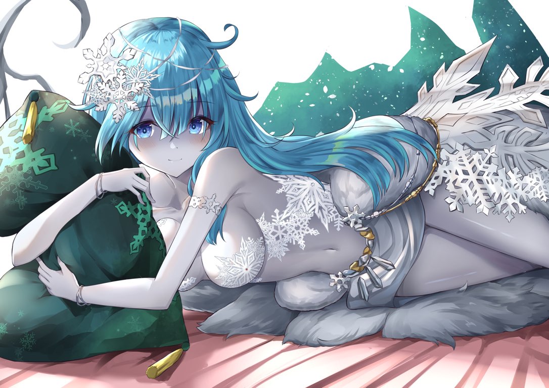 1girl bangs bare_shoulders blue_eyes blue_hair blush breasts closed_mouth collarbone eyebrows_visible_through_hair eyes_visible_through_hair hair_between_eyes hair_ornament hug kanaria_(kanari_as) large_breasts long_hair looking_at_viewer lying navel on_side pillow pillow_hug puzzle_&amp;_dragons smile snowflakes solo