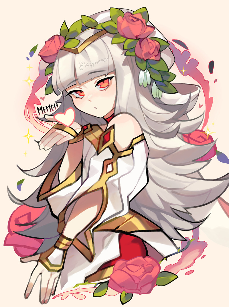 1girl alternate_costume artist_name bangs bare_shoulders choker closed_mouth commentary dress english_commentary eyebrows_visible_through_hair fire_emblem fire_emblem_heroes flower grey_hair hair_flower hair_ornament hat heart jewelry lazymimium long_hair looking_at_viewer nail official_alternate_costume red_choker red_eyes red_flower red_rose rose signature simple_background solo twitter_username upper_body veronica_(fire_emblem) very_long_hair white_dress white_headwear wide_sleeves
