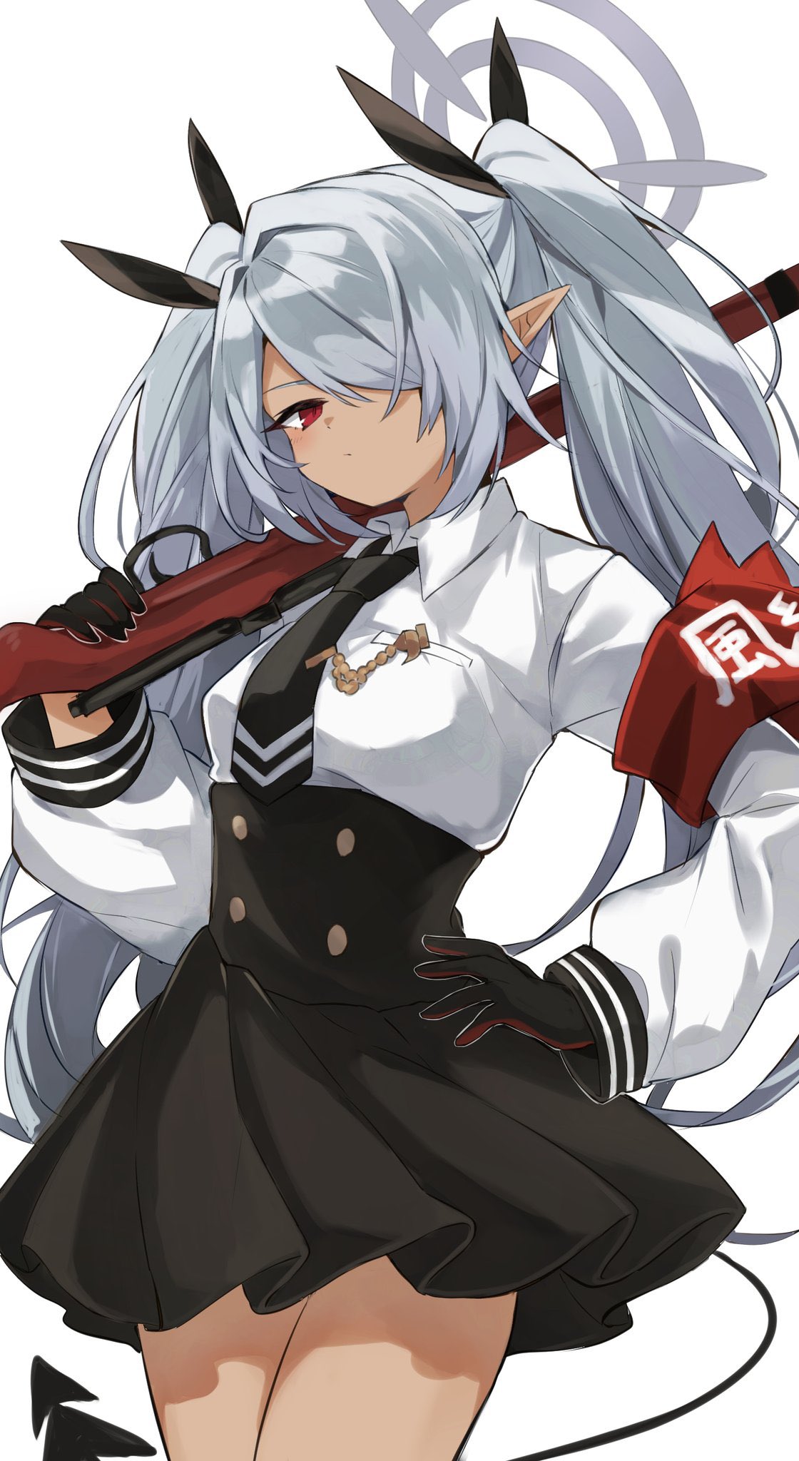 armband blue_archive dark_skin demon_tail freenote_mr gloves grey_hair gun hair_ornament hair_over_one_eye halo highres long_hair looking_at_viewer necktie pointy_ears red_eyes rifle school_uniform simple_background tail twintails weapon white_background