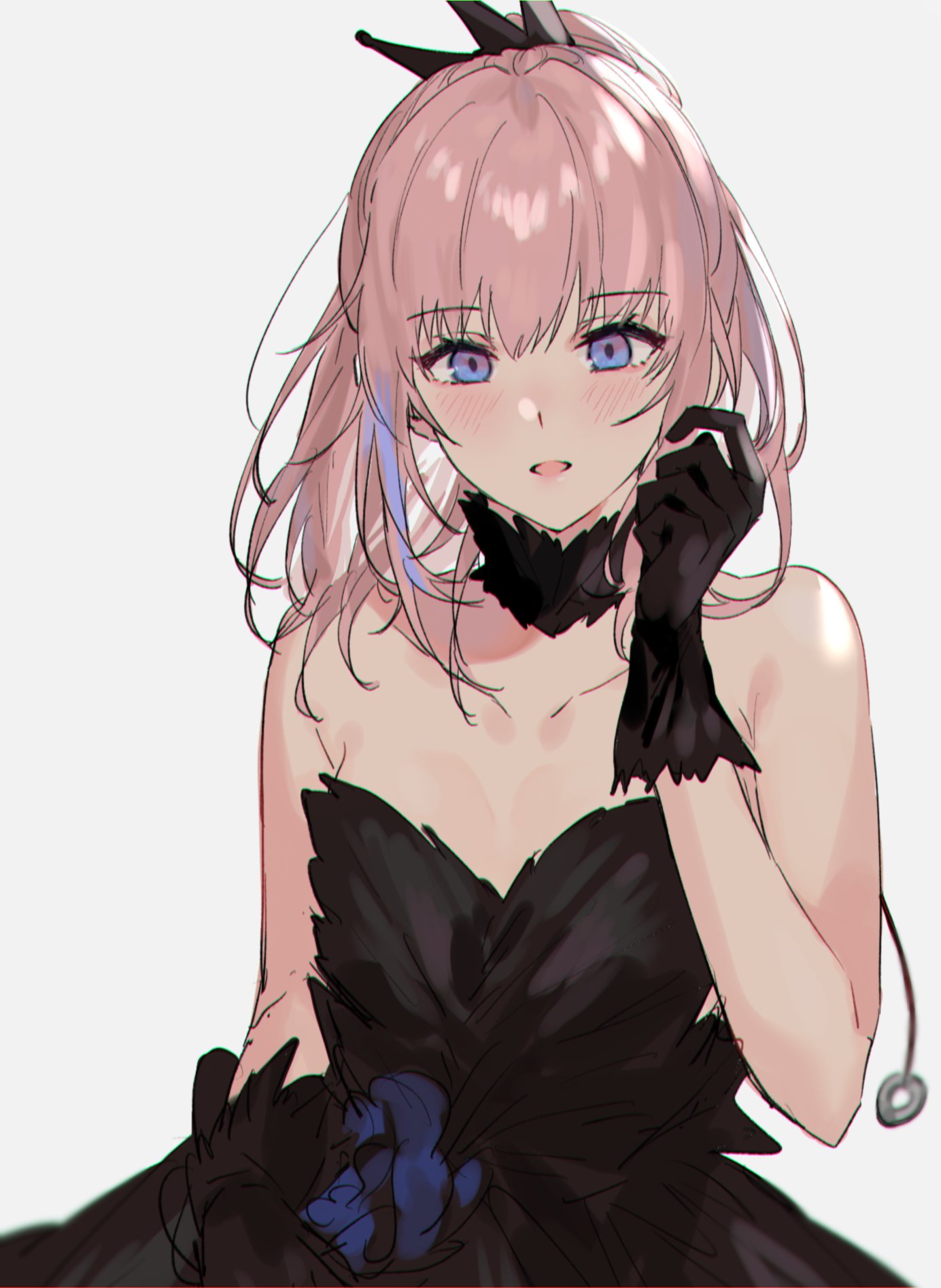 1girl aogisa black_dress black_gloves blue_eyes blush breasts collarbone dress eyebrows_visible_through_hair girls_frontline gloves hair_ribbon hand_up highres long_hair looking_at_viewer open_mouth pink_hair ponytail ribbon small_breasts solo st_ar-15_(girls_frontline) white_background