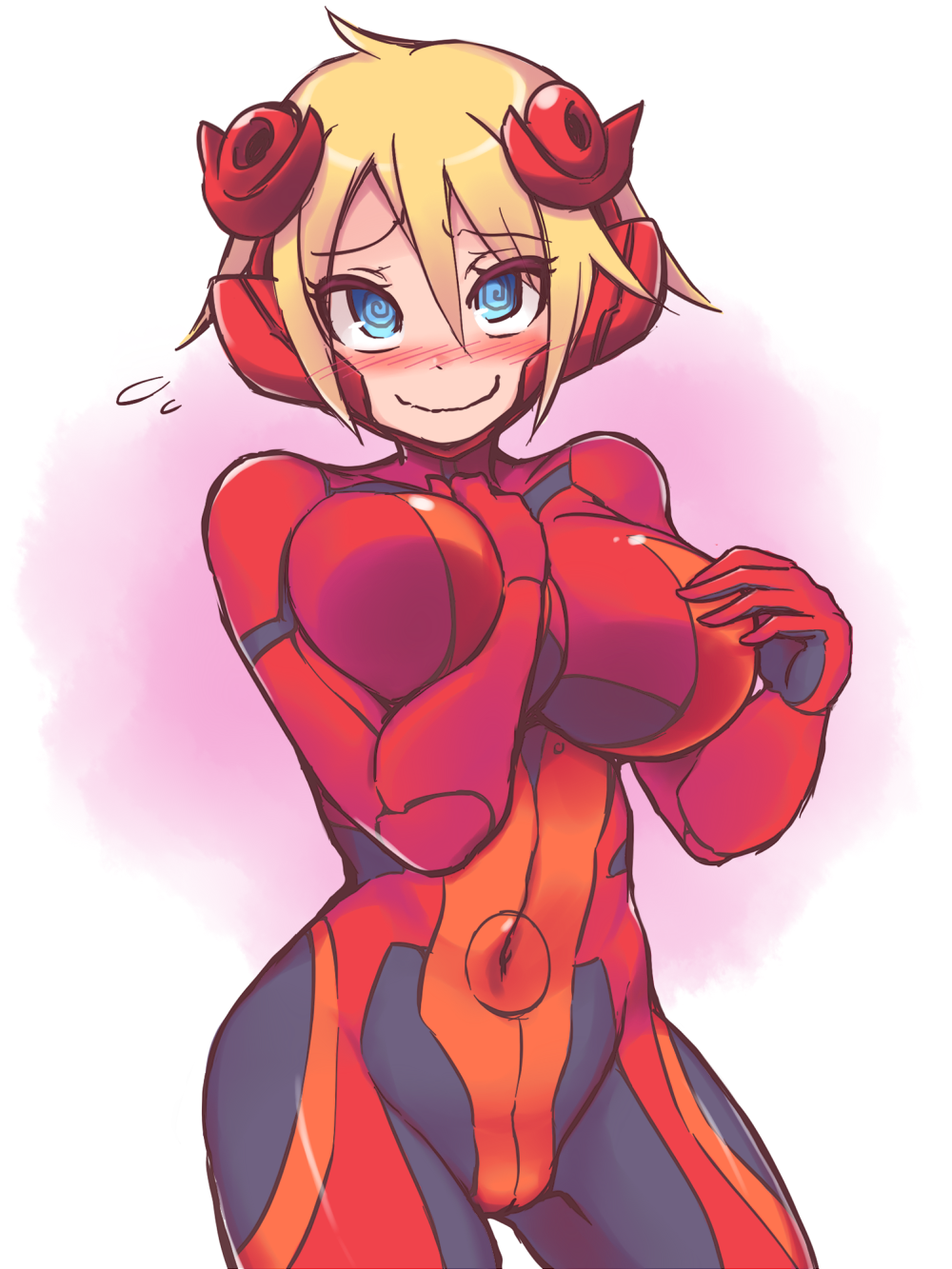 1girl @_@ arm_between_breasts between_breasts blonde_hair blue_eyes blush bodysuit breasts closed_mouth covered_navel cowboy_shot disgaea embarrassed gloves hair_between_eyes headpiece highres impossible_bodysuit impossible_clothes large_breasts looking_at_viewer makai_senki_disgaea_6 nijino_piyori nisemono_faker red_bodysuit red_gloves short_hair skin_tight smile solo