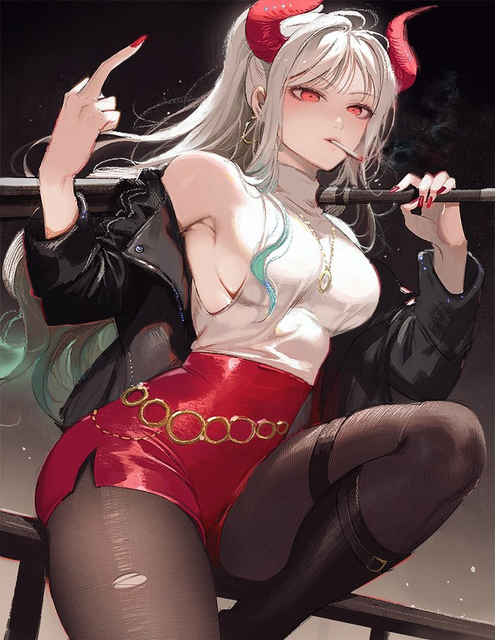 1girl alternate_costume armpits bare_shoulders baseball_bat black_jacket boots breasts cigarette contemporary curled_horns dutch_angle earrings fingernails green_hair grey_hair hands_up high-waist_shorts holding holding_baseball_bat holding_weapon hoop_earrings horns jacket jewelry large_breasts long_hair looking_at_viewer middle_finger mouth_hold multicolored_hair nail_polish off_shoulder one_piece oni open_clothes open_jacket over_shoulder pantyhose pendant railing red_eyes red_horns red_nails red_shorts runa_(artist) shorts sideboob sidelocks sitting sitting_on_railing smoke smoking solo thigh_strap torn_clothes torn_legwear turtleneck unzipped very_long_hair weapon weapon_over_shoulder yamato_(one_piece) zipper