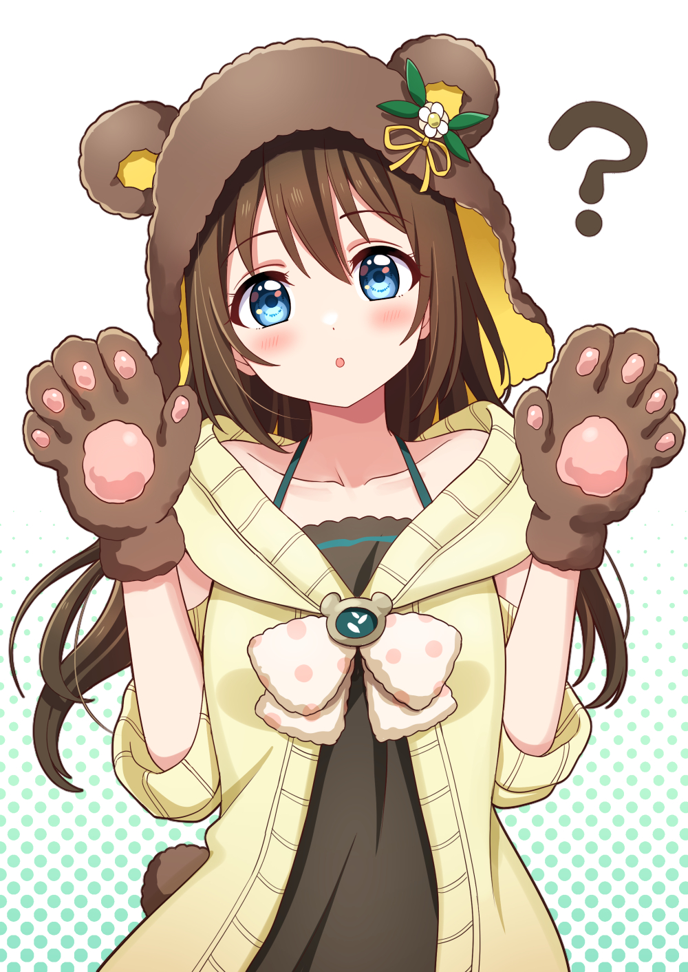 1girl :o ? animal_hood arms_up bangs bare_shoulders bear_hood bear_paws bear_tail black_dress blue_eyes blush bow brooch brown_hair coat commentary_request deadnooodles dress eyebrows_visible_through_hair flower green_background highres hood jewelry long_hair long_sleeves looking_at_viewer love_live! love_live!_nijigasaki_high_school_idol_club ousaka_shizuku parted_lips polka_dot polka_dot_background polka_dot_bow ribbon simple_background solo spaghetti_strap tail upper_body white_background white_bow white_flower yellow_coat yellow_ribbon