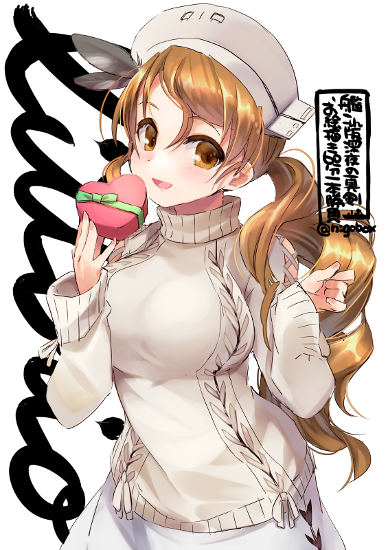 1girl blush box breasts brown_eyes brown_hair character_name gift gift_box heart-shaped_box holding holding_gift kantai_collection large_breasts littorio_(kantai_collection) long_hair long_sleeves nigo open_mouth simple_background smile solo sweater twitter_username upper_body wavy_hair white_background white_sweater