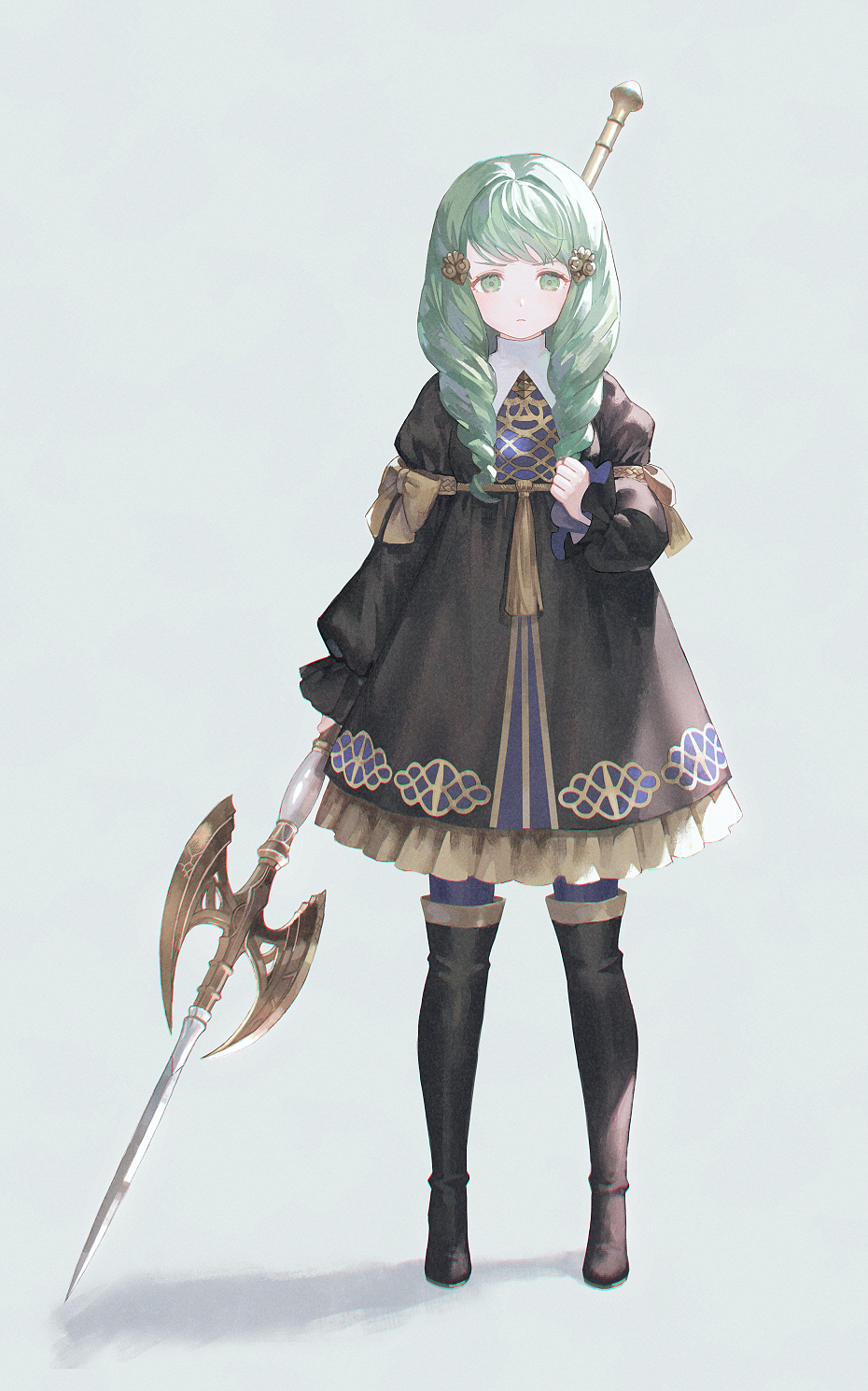 1girl boots clenched_hand closed_mouth eotyq58d6do16cs fire_emblem fire_emblem:_three_houses flayn_(fire_emblem) full_body garreg_mach_monastery_uniform green_eyes green_hair grey_background hair_ornament hairclip highres holding holding_weapon lance looking_at_viewer polearm solo thigh-highs thigh_boots weapon