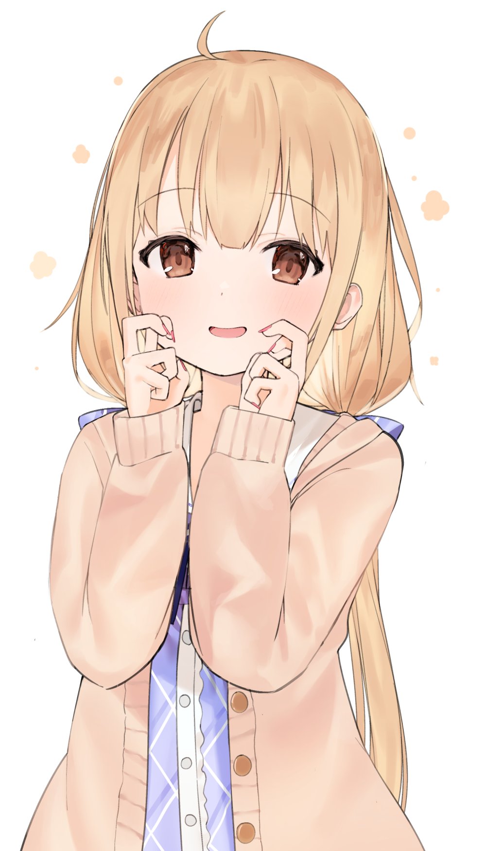 1girl ahoge blonde_hair blue_bow blue_dress blush bow brown_eyes brown_jacket commentary_request dress eyebrows_visible_through_hair futaba_anzu hair_bow hands_on_own_cheeks hands_on_own_face hands_up happy highres idemitsu idolmaster idolmaster_cinderella_girls jacket long_hair long_sleeves looking_at_viewer low_twintails nail_polish open_mouth red_nails simple_background smile solo twintails upper_body white_background