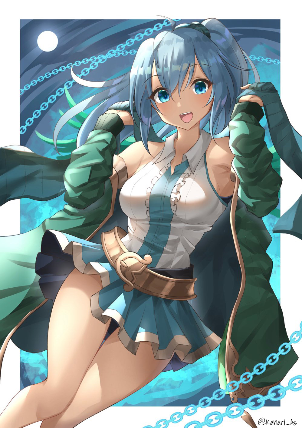 1girl :d ahoge andromeda_(p&amp;d) armpits artist_name bare_shoulders blue_eyes blue_hair breasts chain dark_skin dark-skinned_female dress eyebrows_visible_through_hair hands_up highres kanaria_(kanari_as) large_breasts legs long_hair looking_at_viewer open_mouth puzzle_&amp;_dragons scarf skirt sleeveless sleeveless_dress smile solo thigh_gap upper_teeth white_dress wings