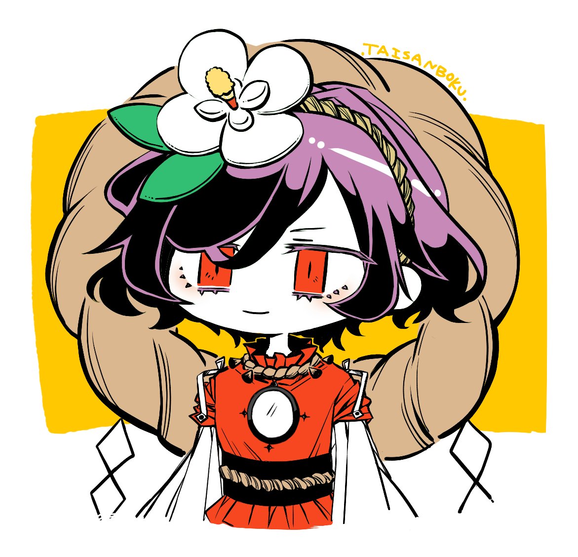 1girl chibi flower hair_flower hair_ornament long_sleeves magnolia mirror moi2m3 purple_hair red_eyes red_shirt romaji_text rope shide shimenawa shirt short_hair simple_background solo touhou upper_body white_background white_shirt yasaka_kanako yellow_background