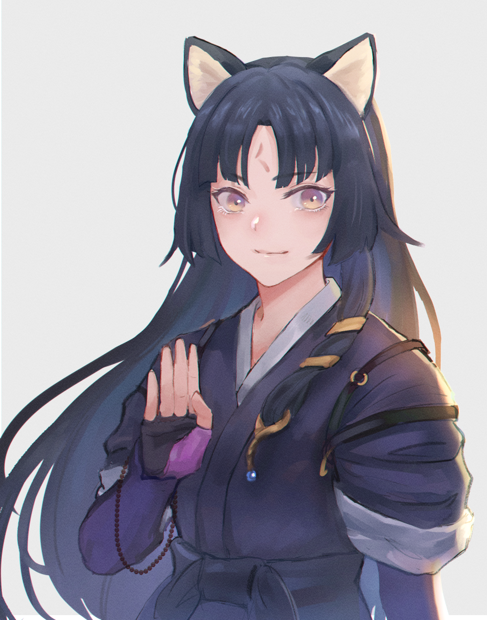 1girl ^_^ animal_ears arknights bangs black_hair black_kimono blush bryanth closed_eyes closed_mouth commentary_request dog_ears dog_tail eyebrows_visible_through_hair facial_mark fingerless_gloves forehead_mark gloves hand_up highres japanese_clothes kimono long_hair looking_at_viewer parted_bangs saga_(arknights) smile solo straight_hair tail tasuki upper_body very_long_hair violet_eyes