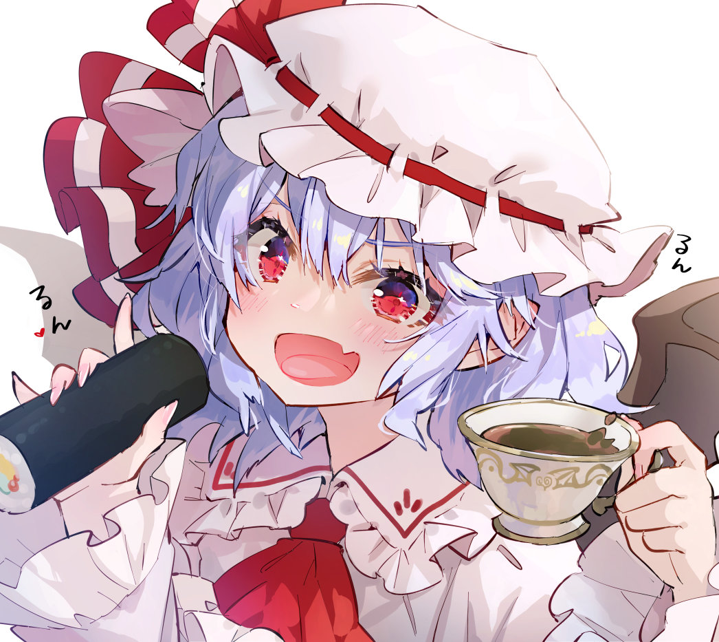 1girl :d ascot bangs bat_wings blue_hair blush commentary_request cup ehoumaki fang food frilled_shirt_collar frills hair_between_eyes hat hat_ribbon holding holding_cup holding_food looking_at_viewer makizushi mob_cap open_mouth pointy_ears portrait red_eyes red_neckwear remilia_scarlet ribbon short_hair simple_background skin_fang smile solo sushi syuri22 tongue touhou white_background wings