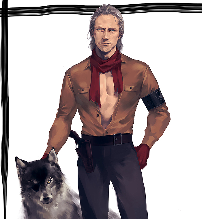 1boy armband belt blue_eyes brown_shirt dog eyepatch facial_hair gloves grey_hair hand_on_hip holster looking_at_viewer male_focus metal_gear_(series) metal_gear_solid_v mugikoma mullet mustache open_clothes open_shirt partially_unbuttoned realistic red_gloves revolver_ocelot scarf shirt smile solo stubble