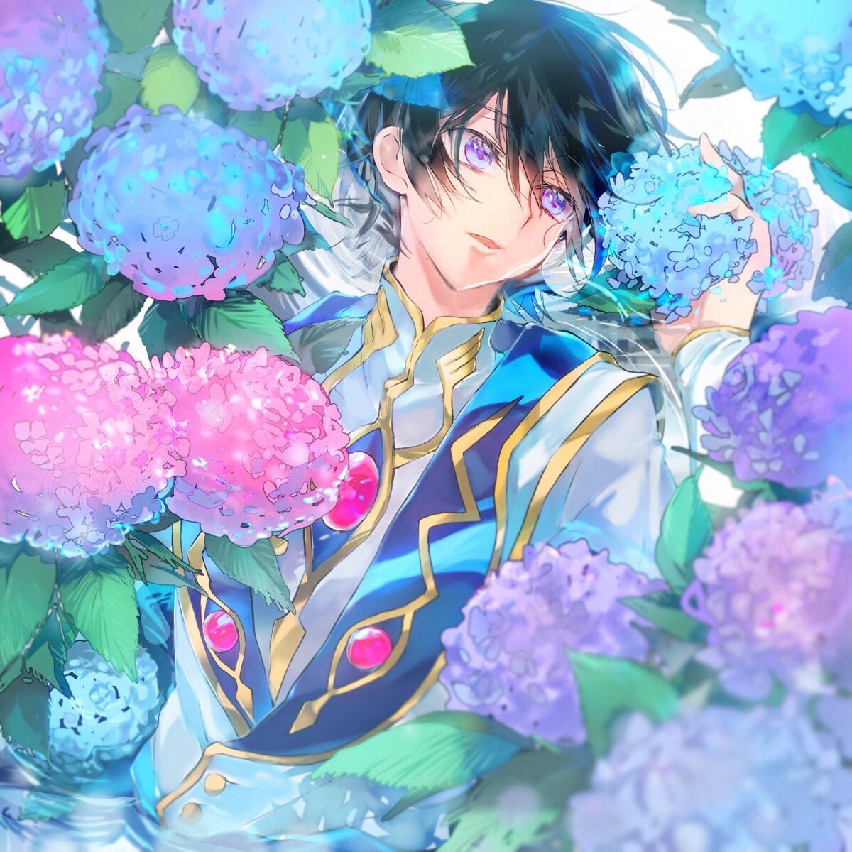 1boy black_hair blue_eyes blue_flower code_geass flower highres holding holding_flower hydrangea lelouch_lamperouge long_sleeves looking_to_the_side male_focus open_mouth partially_submerged pink_flower short_hair solo sumi_otto upper_body