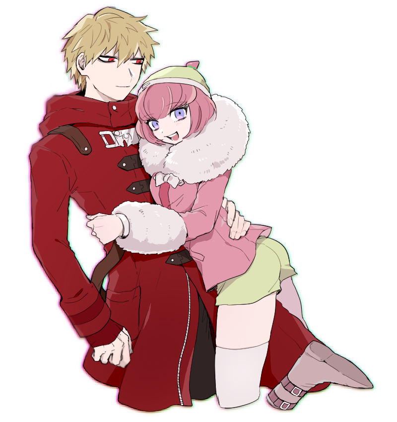 1boy 1girl :d andou_ruruka ass bang bangs beanie blonde_hair boots coat dangan_ronpa_(series) dangan_ronpa_3_(anime) finger_gun fur-trimmed_jacket fur_trim gloves hair_between_eyes hat hug izayoi_sounosuke jacket long_sleeves looking_at_another looking_at_viewer open_mouth pink_eyes pink_hair pink_jacket red_coat red_eyes shimada_(dmisx) short_hair shorts simple_background sleeves_past_wrists smile thigh-highs upper_teeth white_background winter_clothes