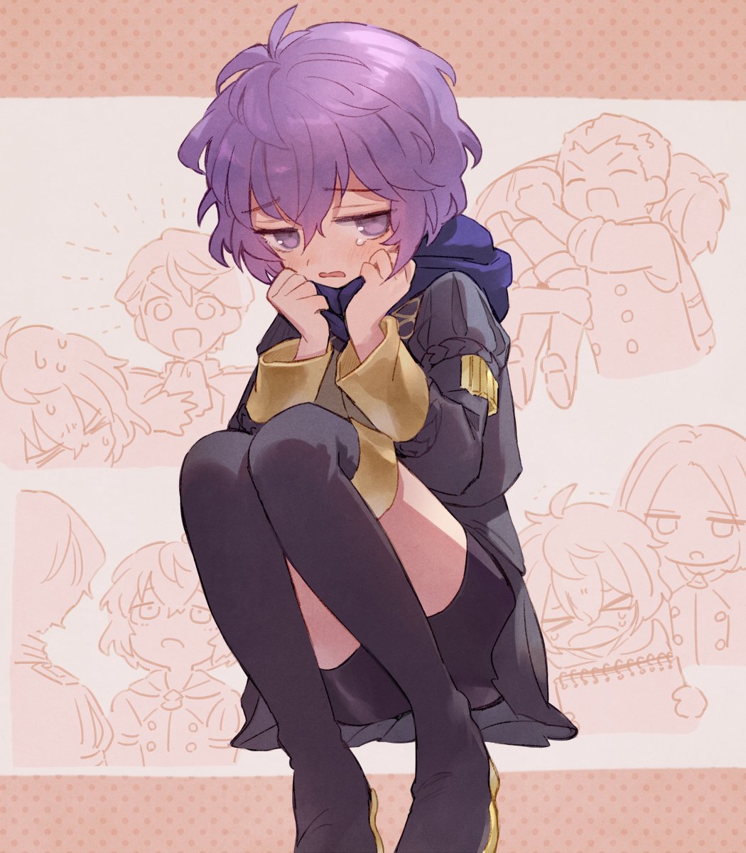 1girl 4boys bernadetta_von_varley boots carrying caspar_von_bergliez cravat ferdinand_von_aegir fire_emblem fire_emblem:_three_houses garreg_mach_monastery_uniform highres hood hubert_von_vestra linhardt_von_hevring multiple_boys purple_hair shorts shorts_under_skirt shoulder_carry sketchbook skirt soto tears thigh-highs thigh_boots violet_eyes