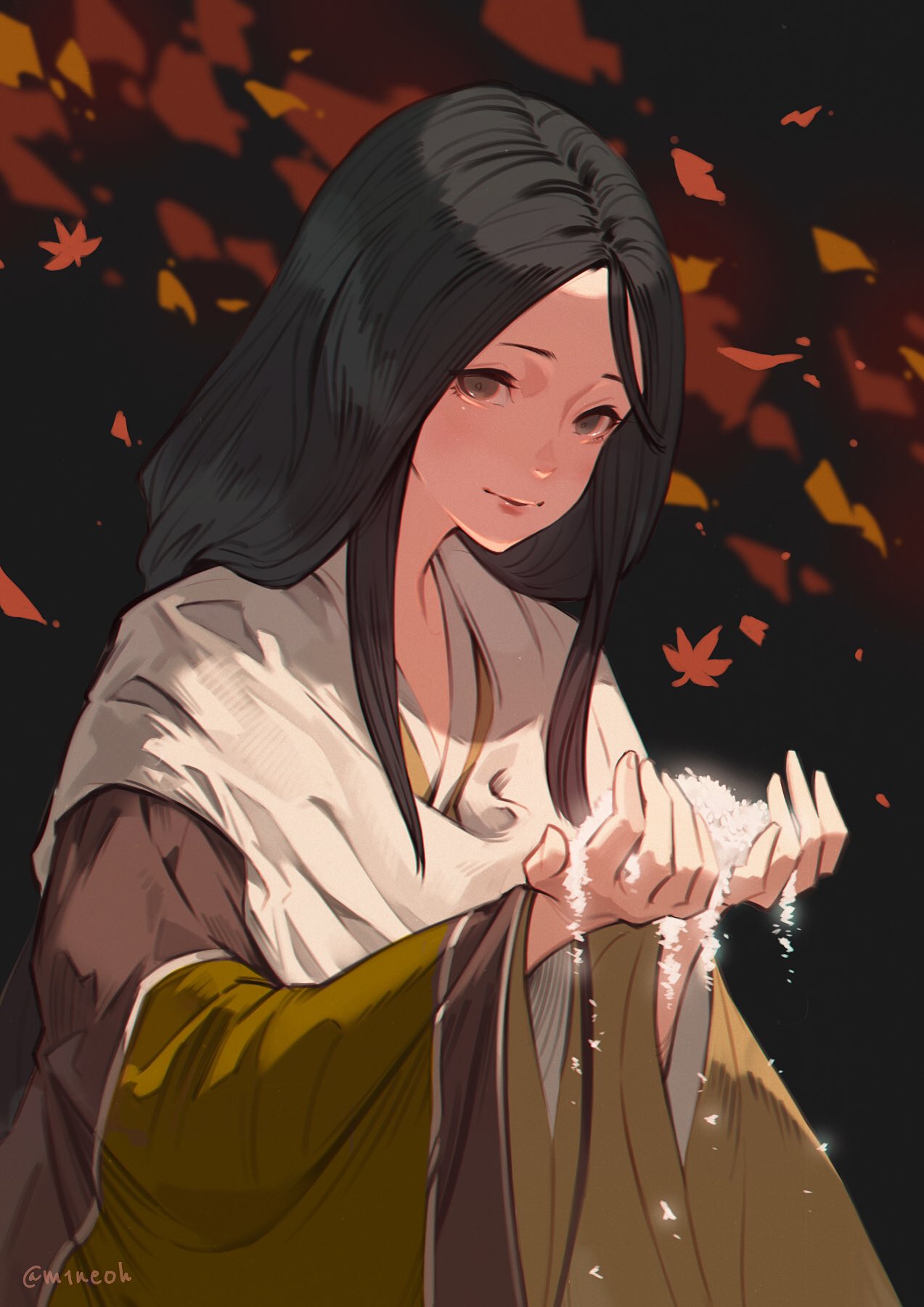 1girl bangs black_background black_hair closed_mouth divine_child_of_rejuvenation highres japanese_clothes jiro_(ninetysix) kimono leaf long_hair long_sleeves looking_at_viewer parted_bangs rice sekiro:_shadows_die_twice smile solo wide_sleeves