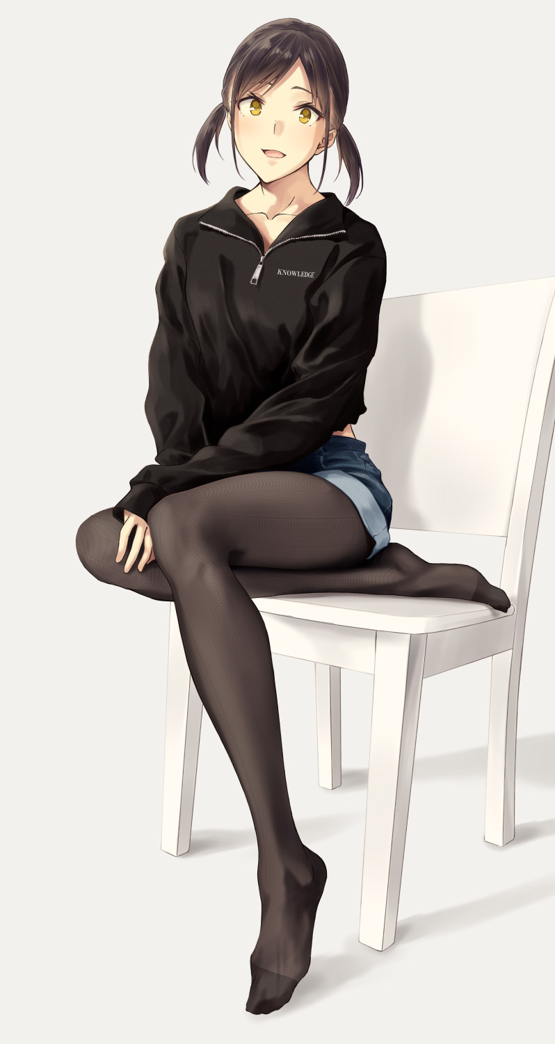 1girl :d bangs black_legwear black_sweater blush brown_hair chair collarbone commentary_request denim denim_shorts eyebrows_visible_through_hair full_body grey_background highres hiwatari_rin legwear_under_shorts long_sleeves looking_at_viewer low_twintails no_shoes open_mouth original pantyhose parted_bangs short_hair short_twintails shorts simple_background sitting sleeves_past_wrists smile solo sweater twintails unzipped yellow_eyes zipper_pull_tab