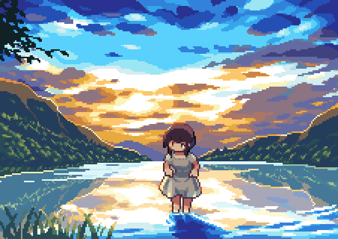 1girl brown_hair dress dress_lift lake mountain nature original oyuzaki_(ayuzaki) pixel_art reflection short_hair sky solo sunset wading