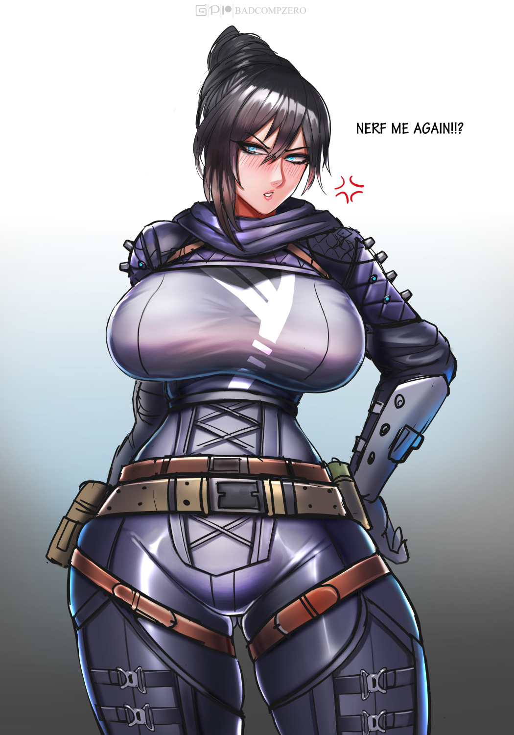 1girl anger_vein annoyed apex_legends badcompzero belt black_hair blue_eyes bodysuit breasts commentary curvy double_bun english_commentary english_text hand_on_hip highres large_breasts long_hair looking_at_viewer parted_lips scarf solo thick_thighs thighs wide_hips wraith_(apex_legends)