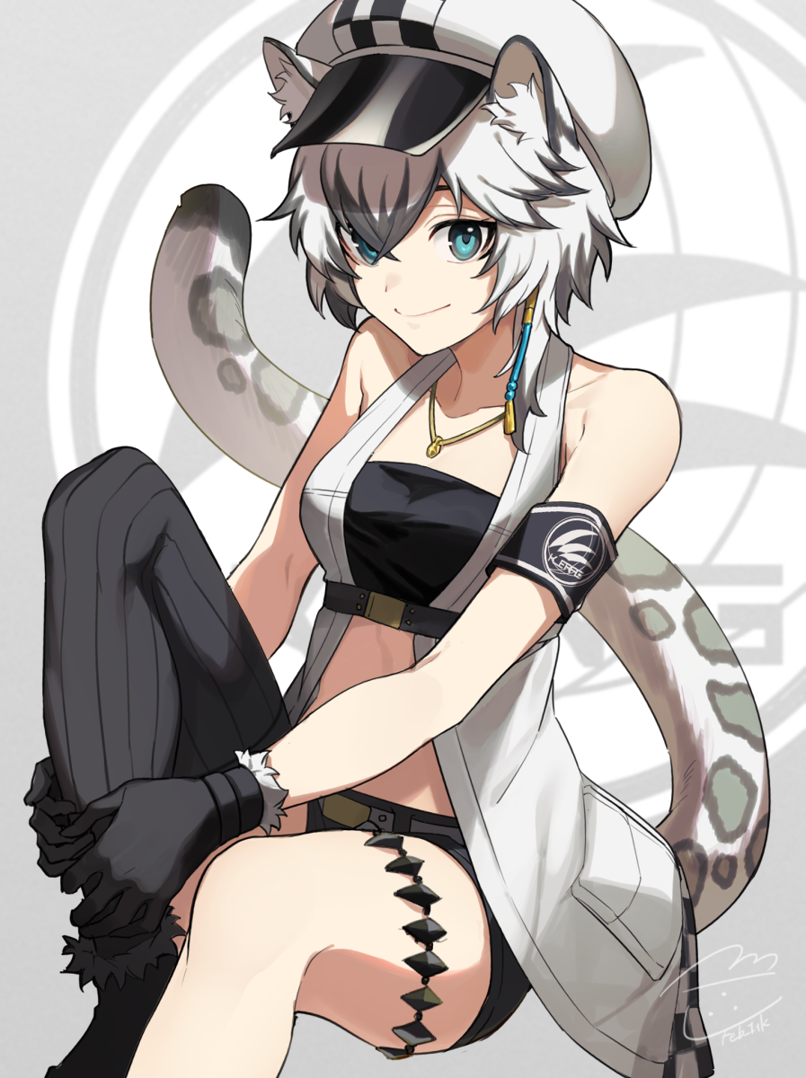 1girl animal_ears arknights armband bandeau bare_arms bare_shoulders black_gloves black_legwear black_shorts blue_eyes breasts cliffheart_(arknights) feb_itk fur_trim gloves hat highres jewelry knee_up leg_hug leopard_ears leopard_girl leopard_tail looking_at_viewer medium_breasts multicolored_hair necklace open_clothes peaked_cap revealing_clothes ribbed_legwear short_hair short_shorts shorts single_thighhigh sitting sleeveless smile solo stomach tail thigh-highs thighlet thighs two-tone_hair white_hair white_headwear