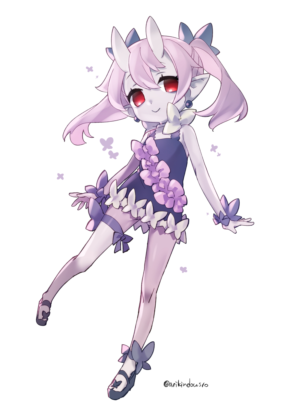 1girl ankle_bow bare_arms bare_legs bieko_(disgaea) black_footwear bow chihiri choker closed_mouth disgaea dress dress_bow earrings full_body hair_bow highres horns jewelry legs_apart looking_at_viewer makai_senki_disgaea_6 panties pink_hair purple_dress red_eyes ribbon_choker shoes short_dress short_hair skin-covered_horns smile solo twintails twitter_username underwear white_background white_panties wrist_bow