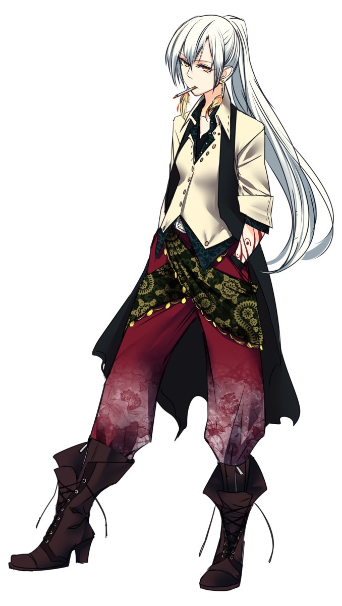 1girl black_vest boots brown_footwear cigarette closed_mouth collared_shirt contrapposto earrings floral_print fujiwara_no_mokou full_body hair_between_eyes hands_in_pockets high_heel_boots high_heels highres jewelry long_sleeves looking_at_viewer mouth_hold pants ponytail red_eyes red_pants shirt shukusuri simple_background solo tagme touhou untied_boots vest white_background white_hair wing_collar yellow_shirt