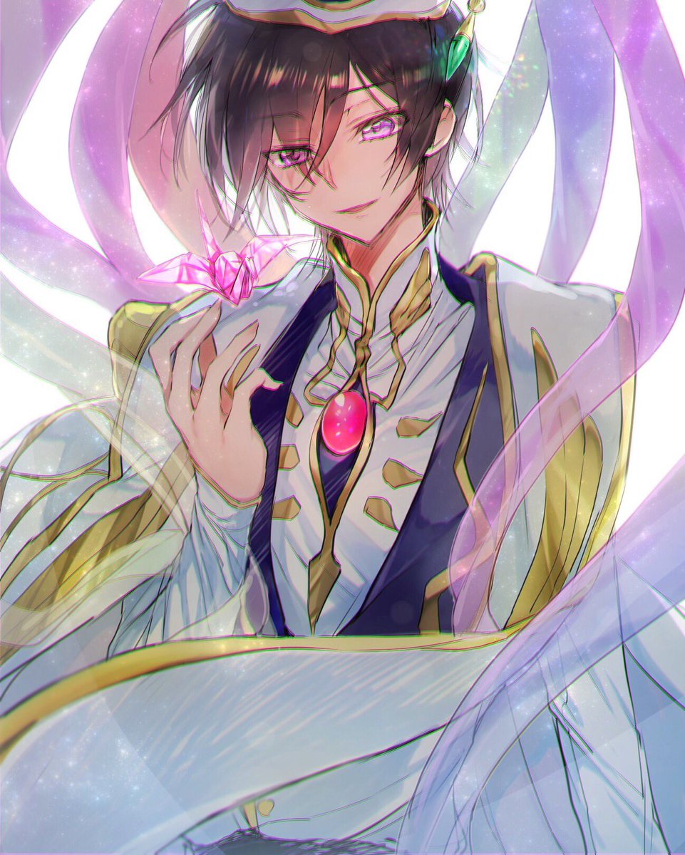 1boy bangs brown_hair code_geass eyebrows_visible_through_hair eyes_visible_through_hair hair_between_eyes headwear highres lelouch_lamperouge long_sleeves open_mouth shiny shiny_hair short_hair smile solo sumi_otto uniform violet_eyes