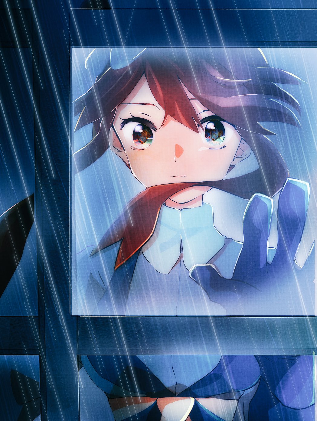 1girl bangs blue_gloves closed_mouth commentary_request crop_top expressionless eyelashes floating_hair gloves green_eyes gym_leader hair_ornament hand_up highres looking_at_viewer looking_out_window ohds101 pokemon pokemon_(game) pokemon_bw rain redhead sidelocks skyla_(pokemon) solo through_window