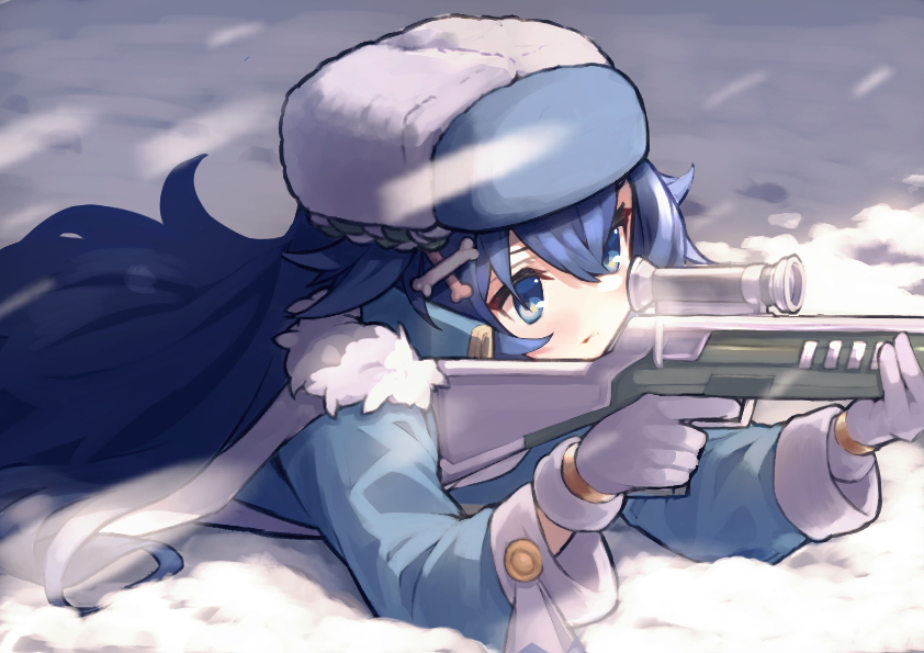 1girl blue_eyes blue_hair bone_hair_ornament fur_hat fur_trim gloves gun hair_between_eyes hair_ornament hairpin hat long_hair lying mist_train_girls murmansk_(mist_train_girls) on_stomach rifle scope sniping snow snowing solo tomisaka_yorui ushanka weapon white_gloves