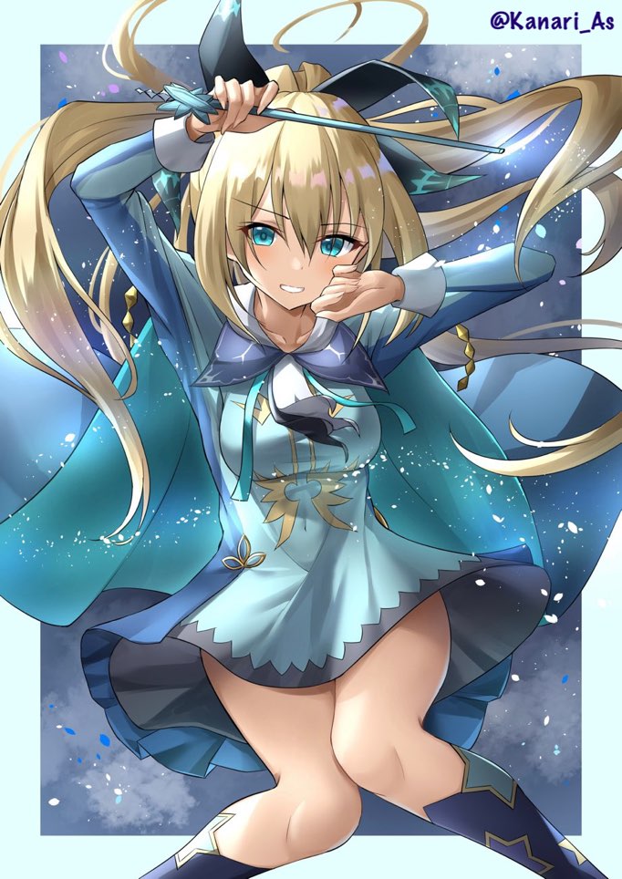 1girl arms_up artist_name bangs blonde_hair blue_dress blue_eyes blue_ribbon boots breasts capelet cloak collarbone dress eyebrows_visible_through_hair floating_hair hair_between_eyes holding kanaria_(kanari_as) knee_boots long_hair long_sleeves looking_at_viewer medium_breasts puzzle_&amp;_dragons ribbon solo sophie_(shironeko_project) teeth thighs