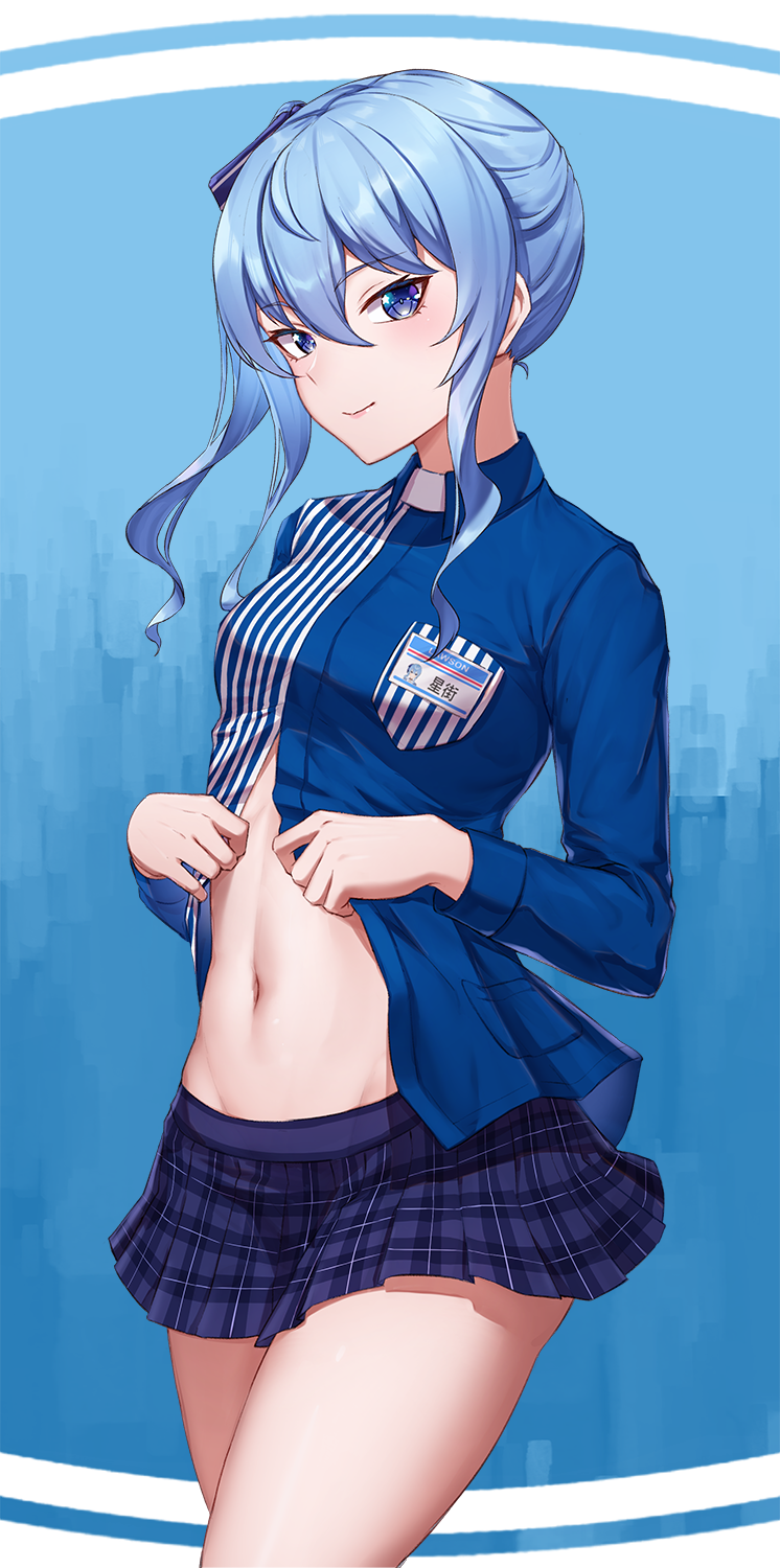 1girl bangs blue_background blue_hair blue_shirt blush breast_pocket closed_mouth collared_shirt commentary_request cowboy_shot employee_uniform eyebrows_visible_through_hair gradient gradient_background hair_between_eyes highres hololive hoshimachi_suisei jirofly lawson long_hair long_sleeves looking_at_viewer miniskirt navel open_clothes open_shirt plaid plaid_skirt pleated_skirt pocket purple_skirt shirt side_ponytail sidelocks skirt smile solo stomach striped thighs undressing uniform vertical_stripes violet_eyes virtual_youtuber