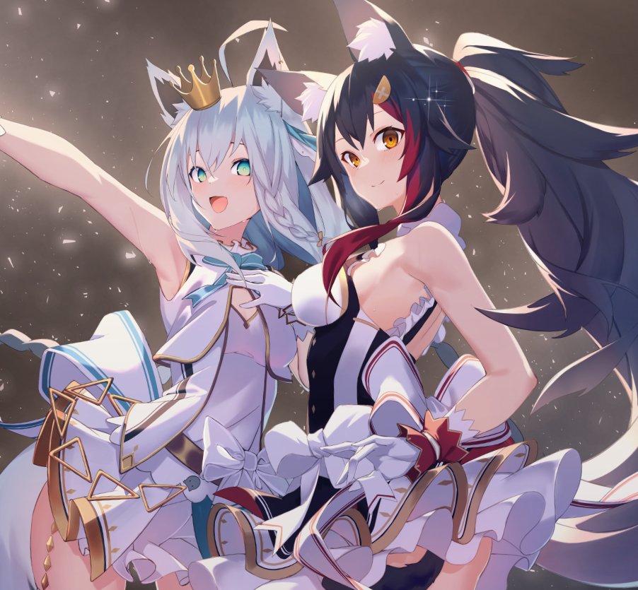 2girls ahoge animal_ears arm_up armpits ass bangs bare_shoulders black_hair bow braid breasts closed_mouth collared_dress cowboy_shot crown dress dress_bow flat_chest fox_ears fox_girl fox_tail from_side gloves green_eyes grey_eyes hair_strand hand_on_own_chest hand_up hololive long_hair looking_at_viewer looking_to_the_side medium_breasts messy_hair multicolored multicolored_clothes multicolored_dress multiple_girls ninsaki_(9saki) ookami_mio open_mouth ponytail shirakami_fubuki sidelocks simple_background sleeveless smile sparkle standing sweat sweatdrop tail thighs tongue very_long_hair white_bow white_gloves white_hair wrist_straps wristband