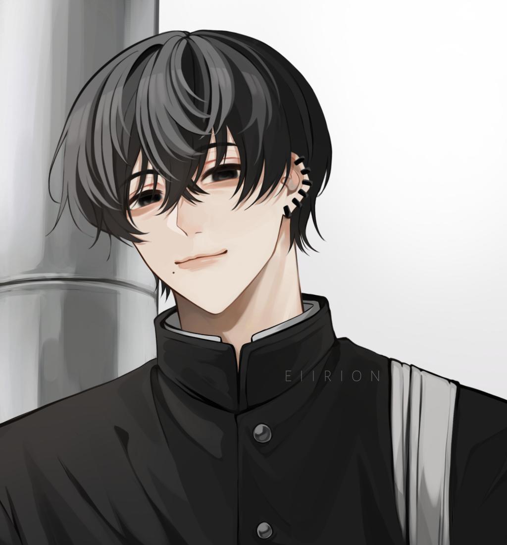 1boy artist_name black_eyes black_hair chainsaw_man ear_piercing eiirion empty_eyes gakuran hair_between_eyes head_tilt looking_at_viewer male_focus mole mole_under_mouth piercing pole school_uniform short_hair smile solo upper_body white_background yoshida_hirofumi