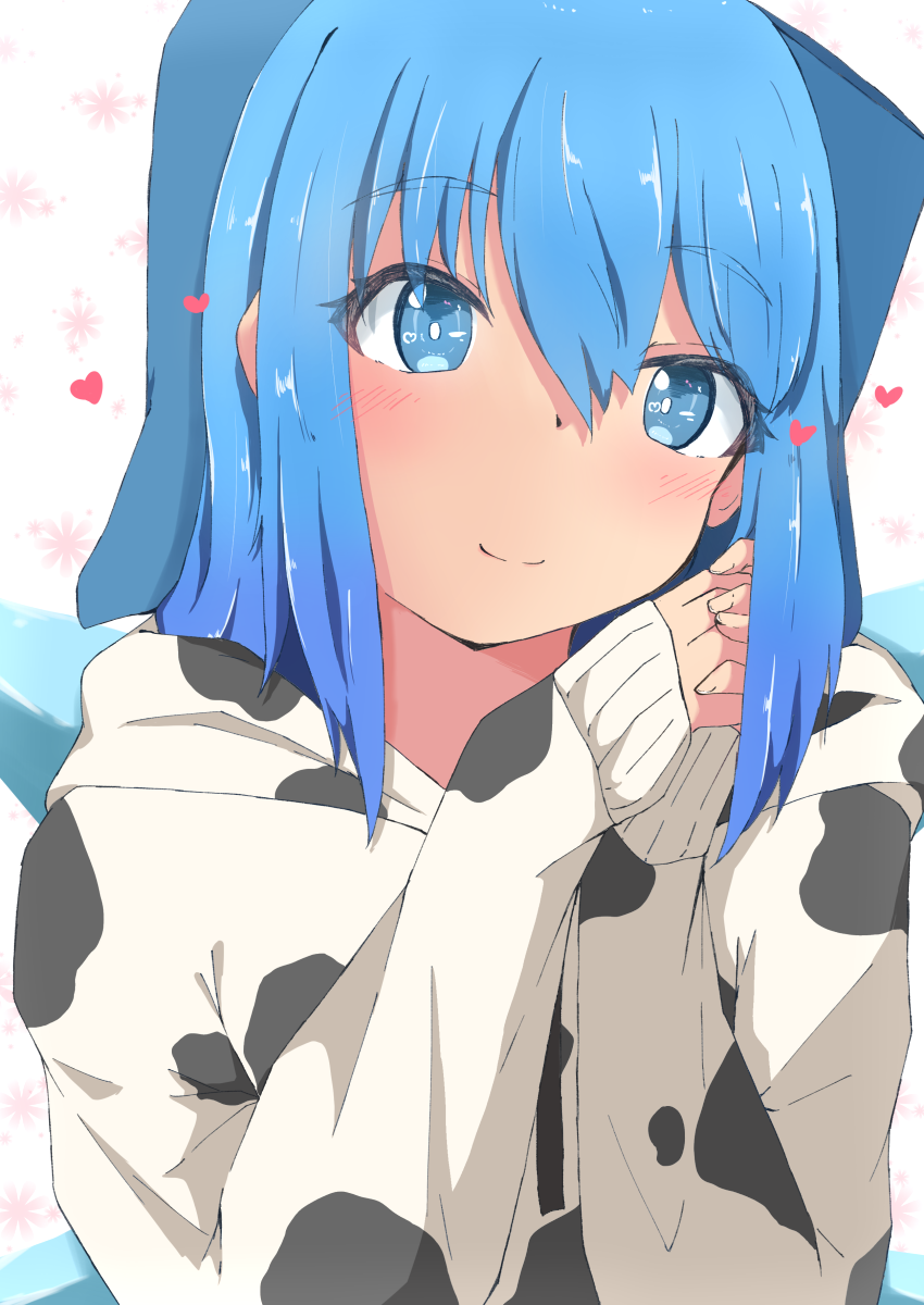 1girl alternate_costume animal_print arms_up blue_eyes blue_hair blush bright_pupils chinese_zodiac cirno cow_print eyebrows_visible_through_hair floral_background hair_between_eyes hair_ribbon head_tilt heart highres hood hood_down hoodie looking_at_viewer mizune_(winter) own_hands_together patterned_background ribbon short_hair sleeves_past_wrists smile solo touhou white_background white_pupils year_of_the_ox