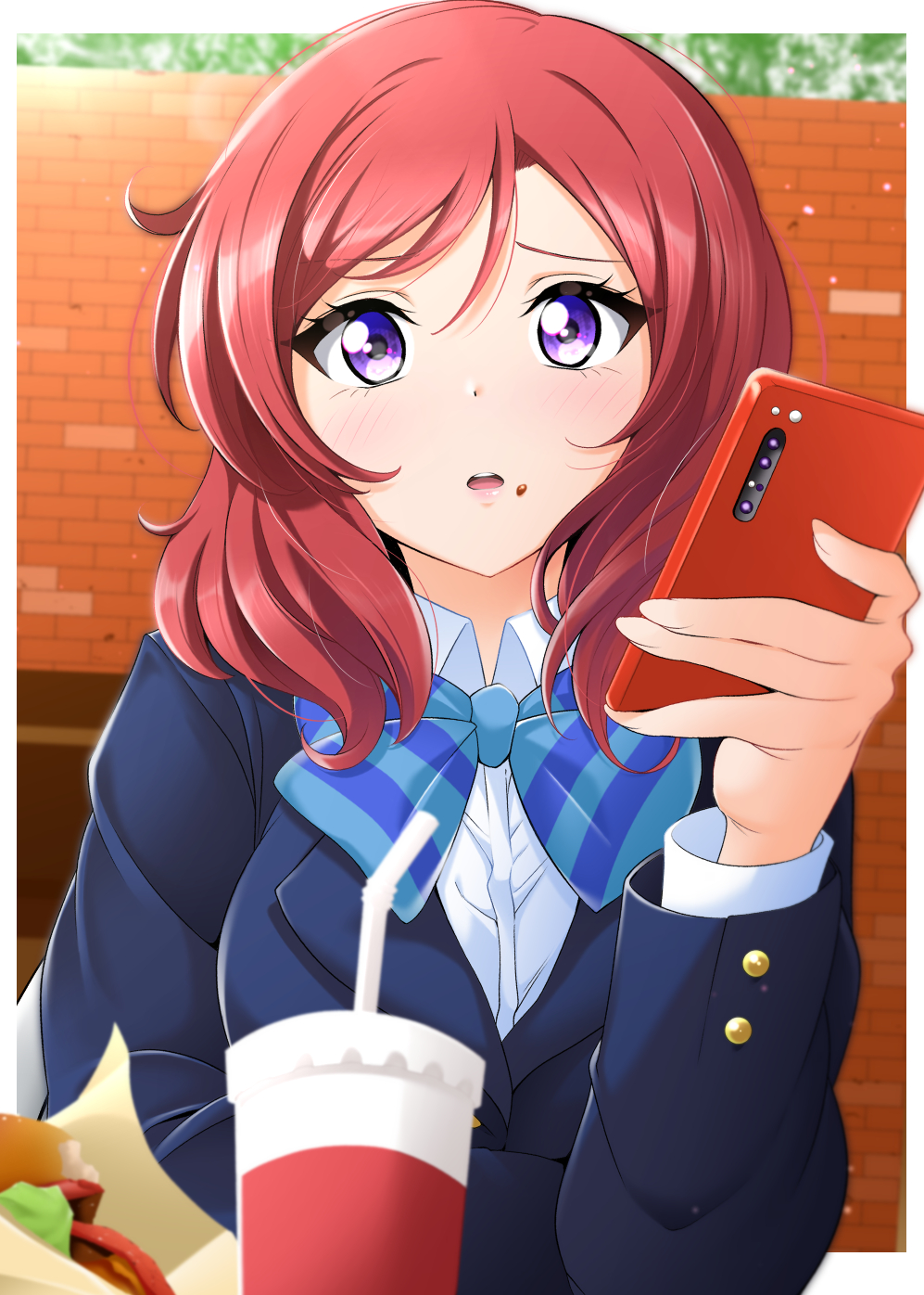 1girl :o arm_rest bangs black_jacket blue_neckwear blush bow bowtie breasts brick_wall cellphone collar collared_shirt cup disposable_cup drinking_straw food food_on_face hair_between_eyes hamburger highres holding holding_phone jacket kirisaki_reina long_sleeves looking_at_viewer love_live! love_live!_school_idol_project medium_breasts medium_hair nishikino_maki open_mouth outdoors phone redhead school_uniform shirt smartphone solo uniform upper_body upper_teeth violet_eyes white_collar white_shirt