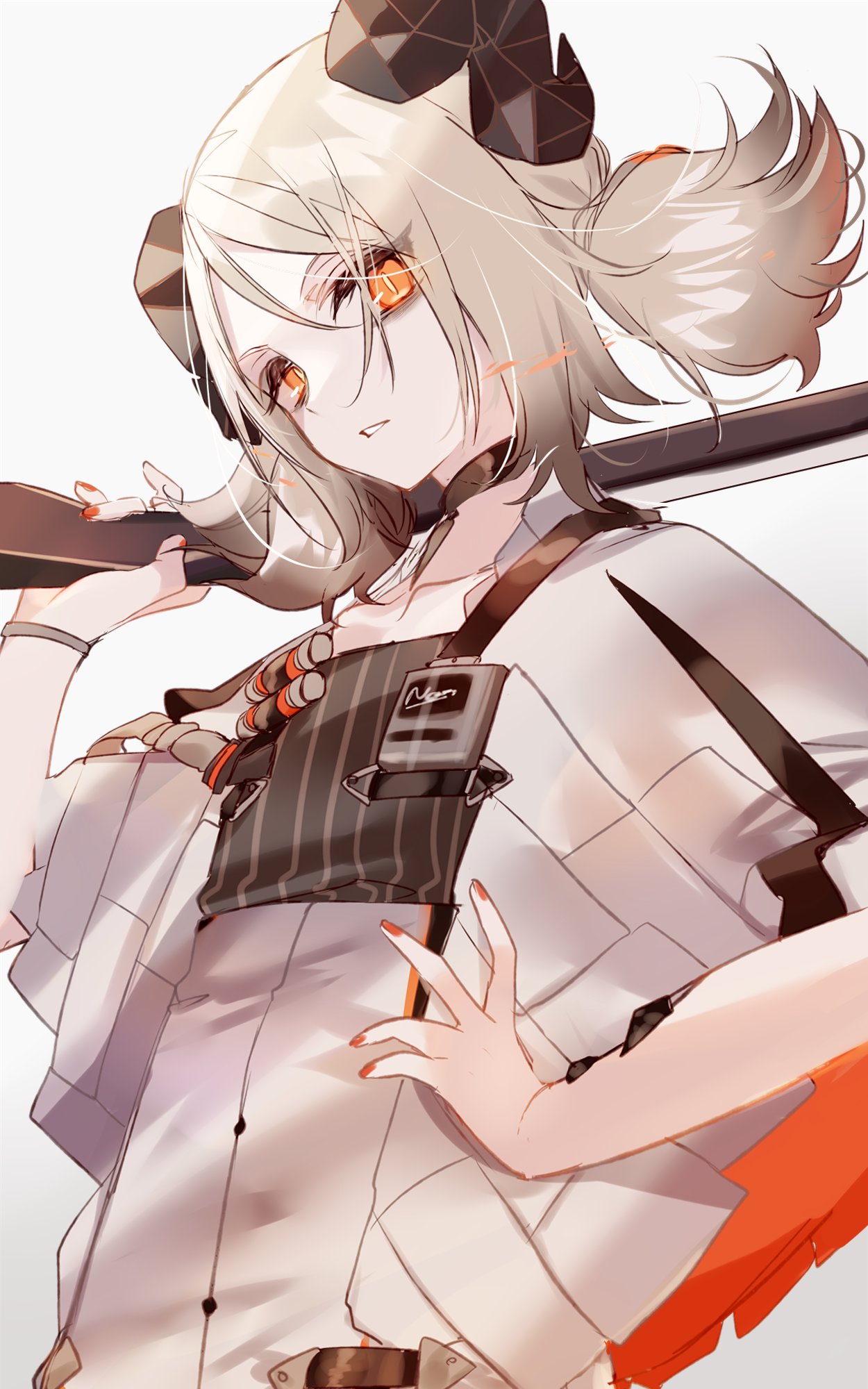 1girl arknights black_dress blonde_hair closed_mouth coat demon_horns dress eyes_visible_through_hair flat_chest hair_between_eyes hand_on_hip highres horns ifrit_(arknights) looking_at_viewer medium_hair misumi_(macaroni) nail_polish orange_eyes orange_nails simple_background solo striped twintails upper_body vertical-striped_dress vertical_stripes white_background white_coat wristband