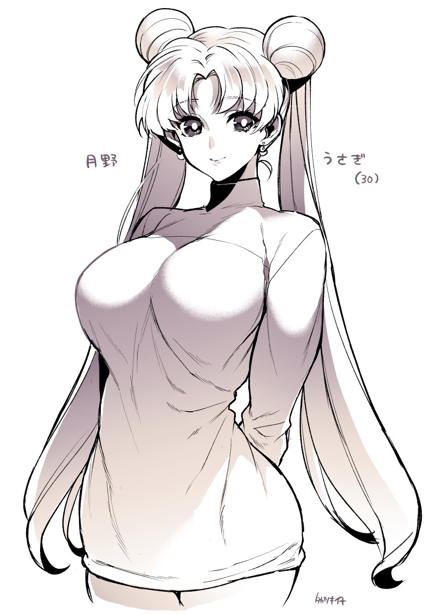 1girl arms_behind_back bishoujo_senshi_sailor_moon black_eyes breasts cropped_legs double_bun dress eyebrows eyebrows_visible_through_hair highres large_breasts long_hair monochrome older sailor_moon shading smile sweater sweater_dress takatsuki_ichi tsukino_usagi twintails white_background white_sweater