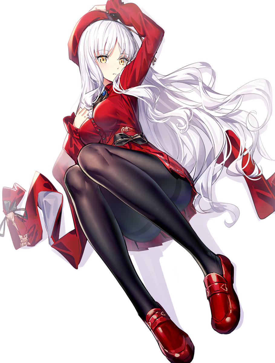 1girl arm_up ascot beret black_legwear breasts caren_hortensia commentary eyebrows_visible_through_hair fate/grand_order fate_(series) hand_on_own_head hat highres long_hair long_sleeves looking_at_viewer medium_breasts pantyhose red_headwear red_shirt red_skirt ririko_(zhuoyandesailaer) shirt simple_background skirt solo thighband_pantyhose white_background white_hair yellow_eyes