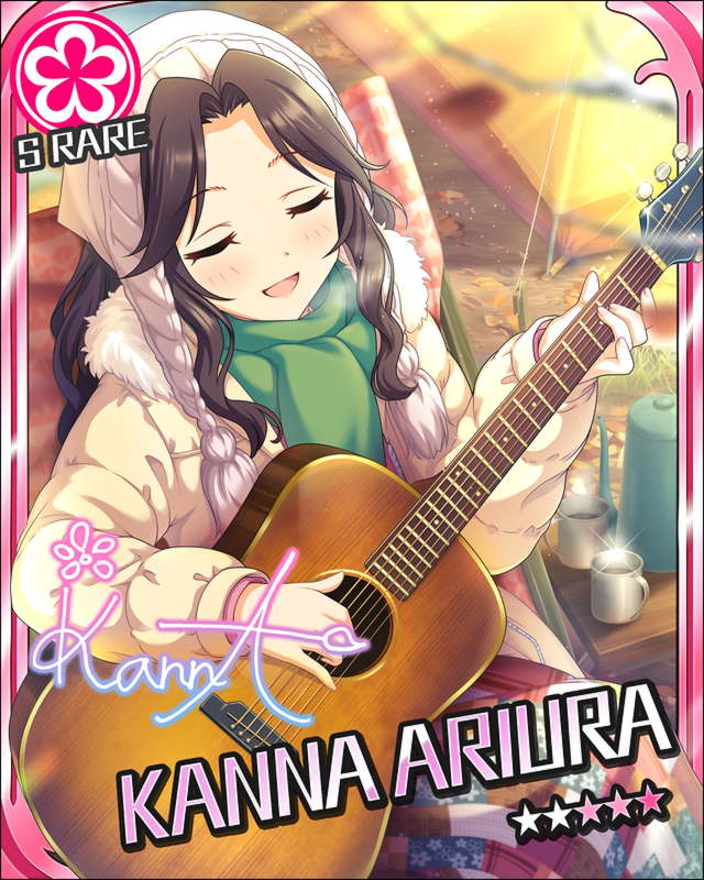 acoustic_guitar ariura_kanna black_hair blush character_name closed_eyes dress idolmaster idolmaster_cinderella_girls long_hair smile stars