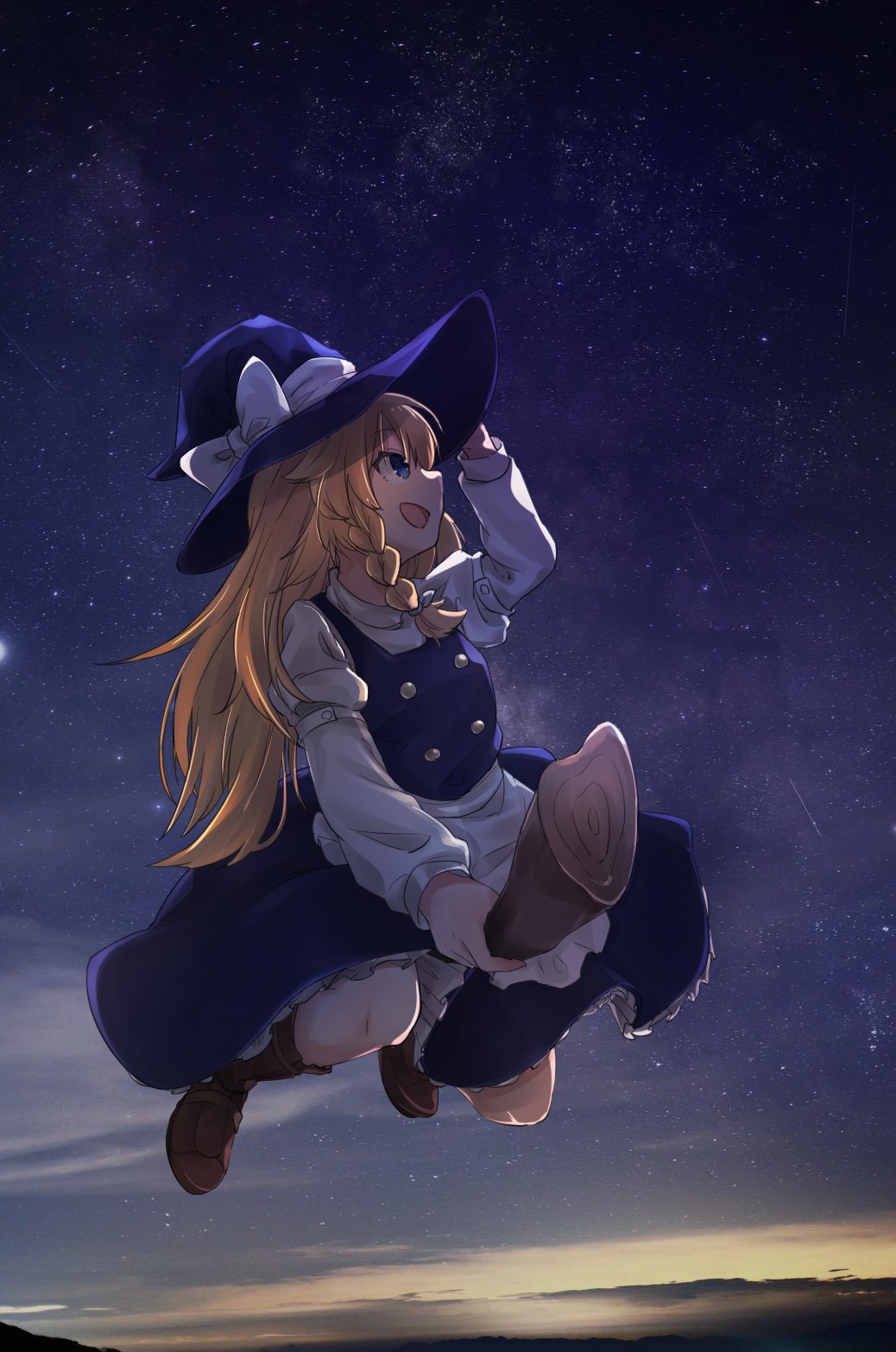 1girl apron black_headwear black_skirt blonde_hair bow braid broom broom_riding brown_footwear commentary_request gunsou1350 hand_on_headwear hat hat_bow highres kirisame_marisa kneehighs long_hair long_sleeves looking_to_the_side night night_sky open_mouth skirt sky solo star_(sky) starry_sky touhou witch witch_hat