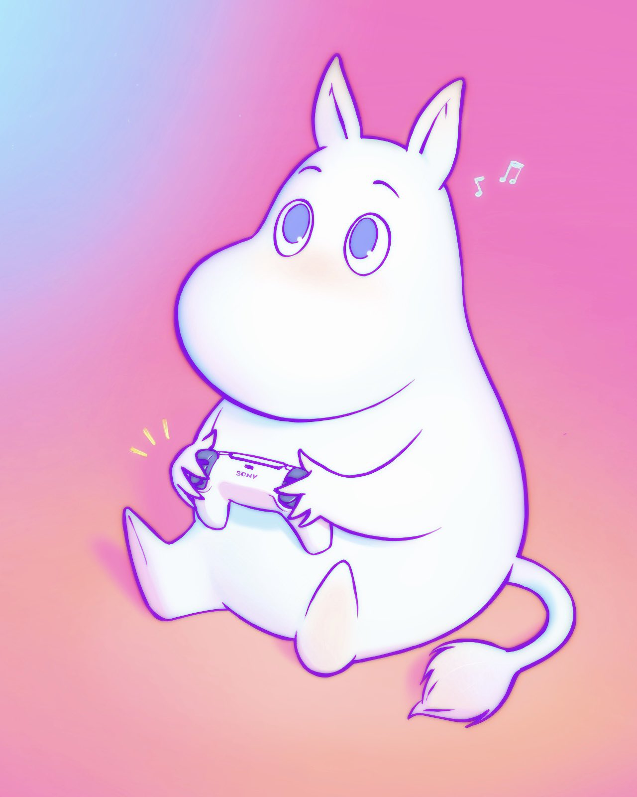 1boy animal_ears beamed_eighth_notes blue_background blue_eyes blush commentary_request controller full_body gradient gradient_background highres holding holding_controller ilya_kuvshinov male_focus moomin moomintroll musical_note no_mouth nose_blush notice_lines pink_background playstation_controller shadow simple_background sitting solo tail